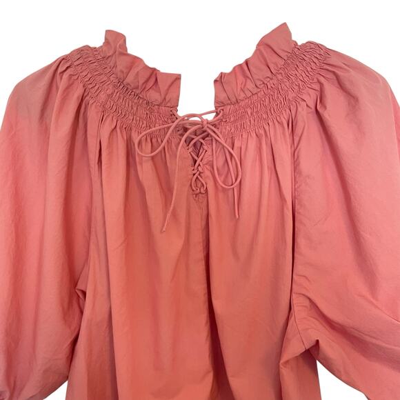 J.Crew Smocked Neck Puff Sleeve Lace Up Back Poplin Top Pink Womens Size Large - Picture 6 of 11